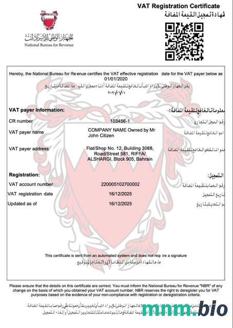 Bahrajn certyfikat rejestracji VAT Word i PDF szablon